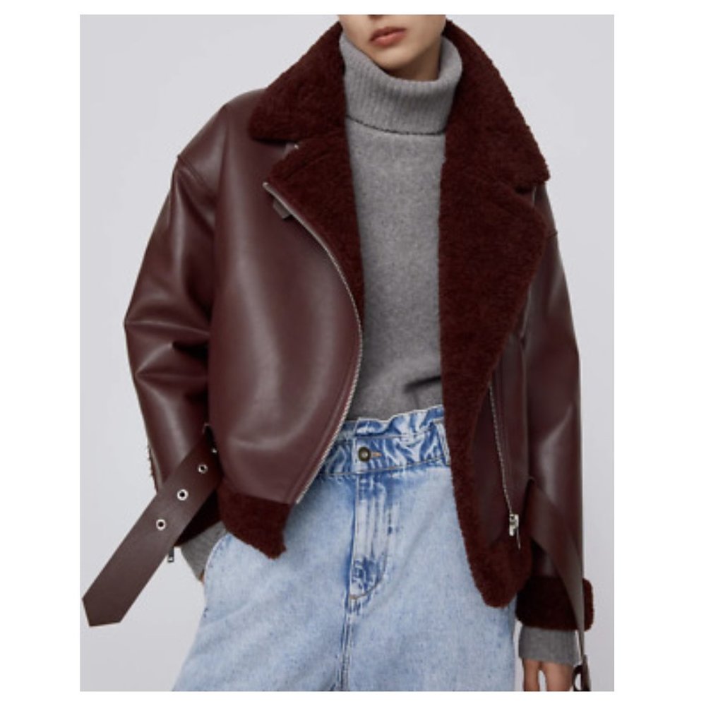 ZARA Faux Leather & Fur Biker Double Faced Jacket